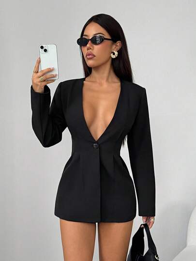 SHEIN PETITE Women's Solid Color Deep V-Neck Long Sleeve Single-Button Fashionable Blazer Black Dress Women Tuxedo In Fall/Winter Suit ,Petite Women