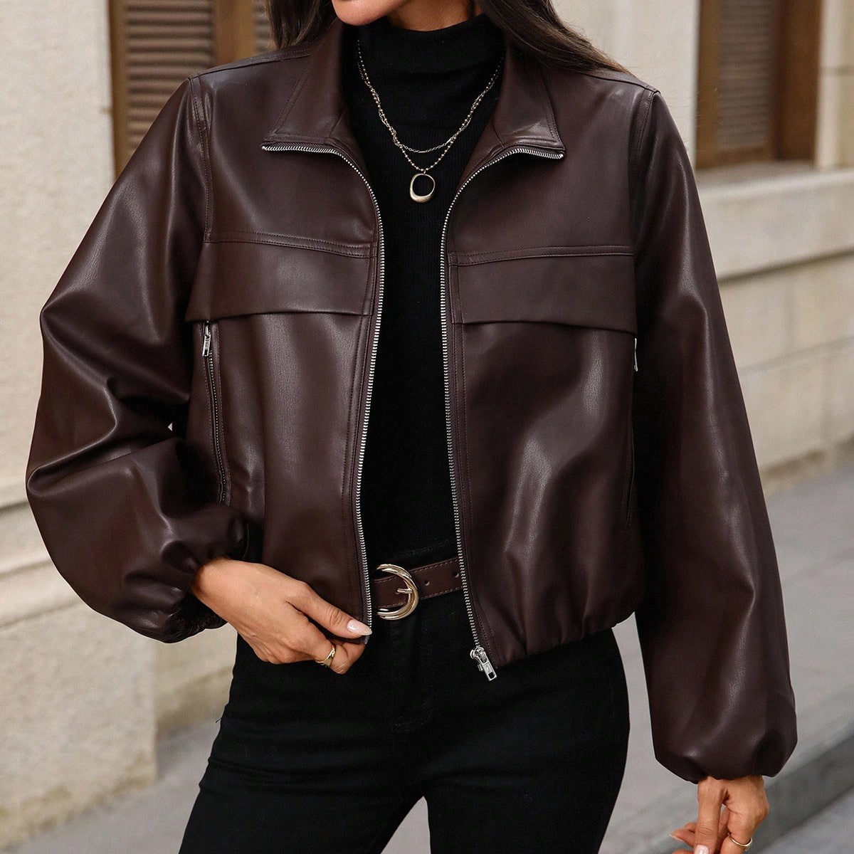 Chaqueta corta de cuero sintético con cremallera para mujer, ropa de mujer de otoño, chaqueta de cuero, chaqueta corta, chaqueta bomber de mujer, ropa exterior de mujer, chaqueta marrón 
