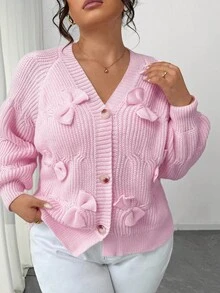 SHEIN CURVE+ 大码时尚休闲 V 领蝴蝶结女式宽松开衫，秋冬季外套上衣，粉色 - 粉色 - 查看 5