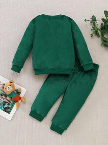 SHEIN 2pcs/Set Baby Boys Cute Bear Print Fleece Crew Neck Sweatshirt And Sweatpants Set, Autumn/Winter Fall - Olive Green - View 2