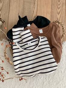 LMoss Kids 3pcs/Set Tween Girls' Solid Color Crew Neck Casual T-Shirts Long Sleeve Tops Fitted Tops Basic Tops Striped Long Sleeve Top Long Sleeve Shirts For Teen Girls Chic Outfits For Autumn/Winter,Suitable For Home, Can Be Worn Inside Or Outside,Winter Clothes, Fall - Multicolor - View 6