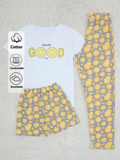 EURMUSE Women 3 Pcs Contrast Colour Lemon Pattern Homewear Basic PJ Set