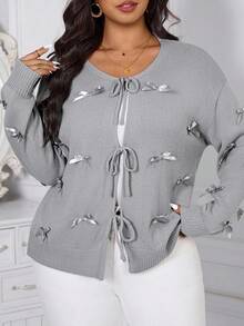 Reflora Curve Plus Size Women's Casual Daily Gray Butterfly Decoration Dropped Shoulder Long Sleeve Knitted Cardigan, Comfortable, Soft And Warm, Gray Long-Sleeved Lantern Sleeves Comfortable And Soft Waist Lotus Leaf Daily Casual Sweater, Suitable For Multiple Occasions,Halloween,Christmas,2025 New, Suitable For Multiple Occasions, Chic, Christmas - Grey - View 7