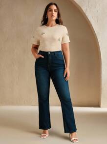 Anewsta Camiseta de manga corta ajustada con aplicaciones de strass elegantes y lavadas para mujer de talla grande - Albaricoque - Ver 1