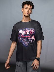Transformers X SHEIN 男士休闲字母与机器人印花短袖 T 恤，夏季 - 黑色 - 查看 3