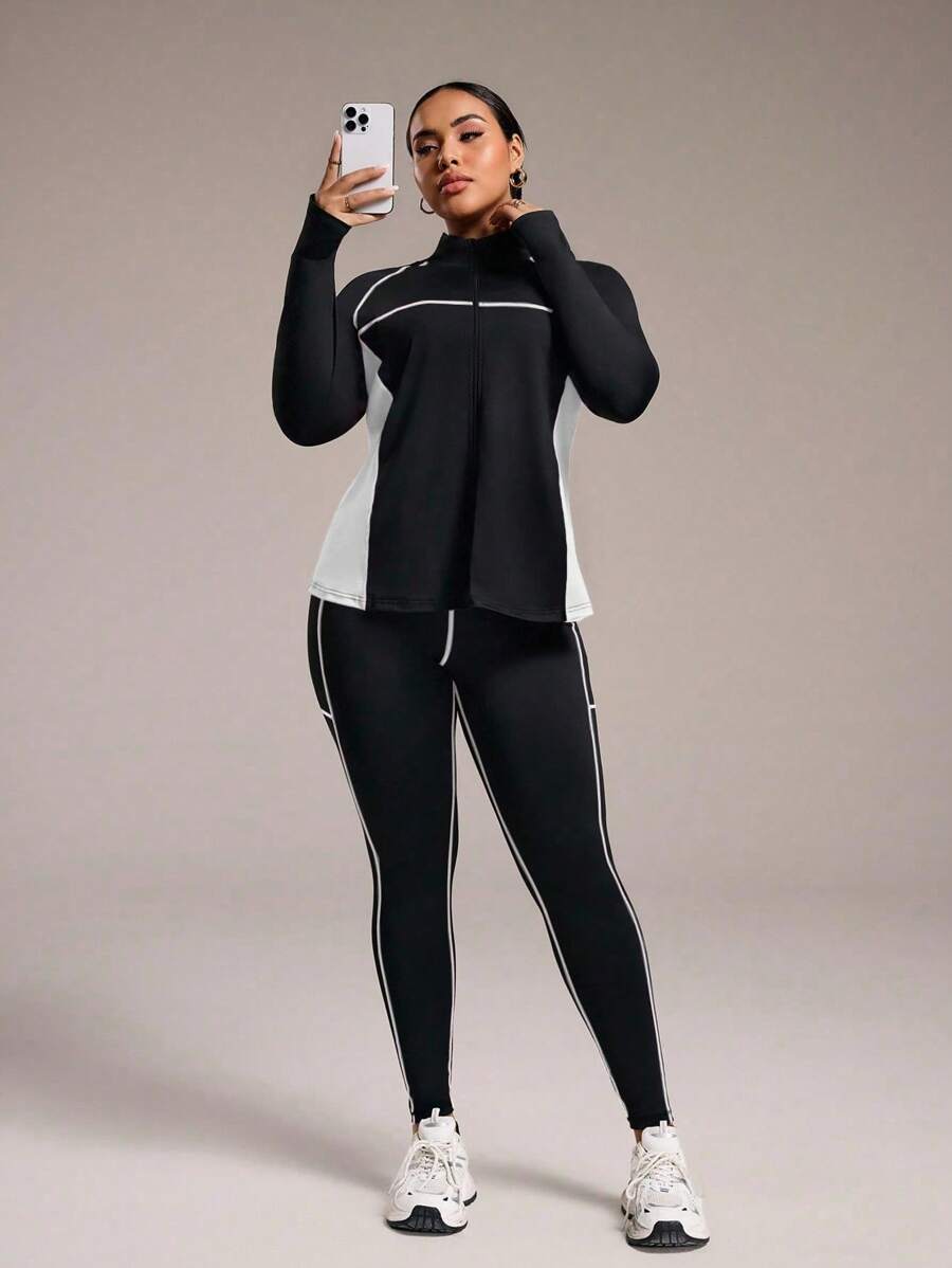 SHEIN Sports 大码拼色长袖上衣和紧身裤运动套装女式健身套装 - 彩色 - 查看 1