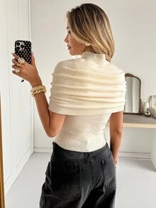 Siren Gaze Women's Elegant Solid Color Turtleneck Wrap Knit Top Summer Casual - Apricot - View 2