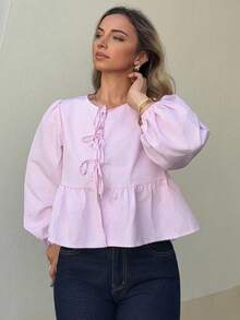 Jeta Ari 女式条纹系带下摆长袖圆领衬衫、长袖上衣 - 粉色 - 查看 5