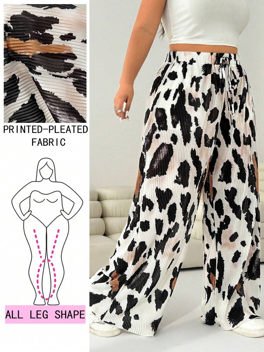 Solflare 大码春季浪漫豹纹休闲抽绳腰褶阔腿裤