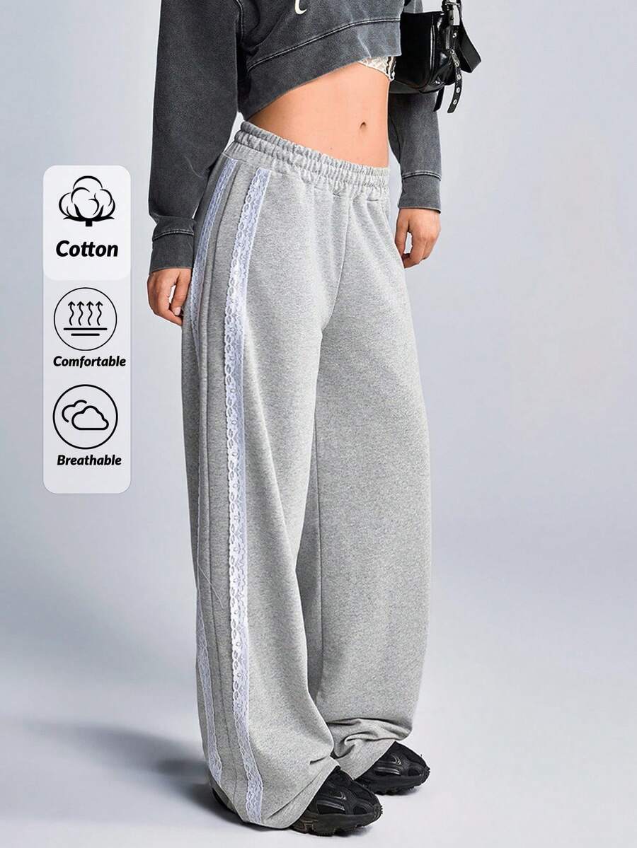 SHEIN Cottnline Versatile Lace Trim Loose Fit Sweatpants - Light Grey - View 1
