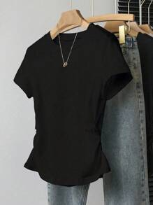 Set de 3 camisetas de manga corta ajustadas y fruncidas de estilo casual y versátil para mujer, adecuadas para el verano - Multicolor - Ver 6