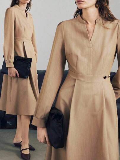 Uhlyne 女式优雅休闲舒适时尚基本款复古纯色设计 V 领褶皱连衣裙