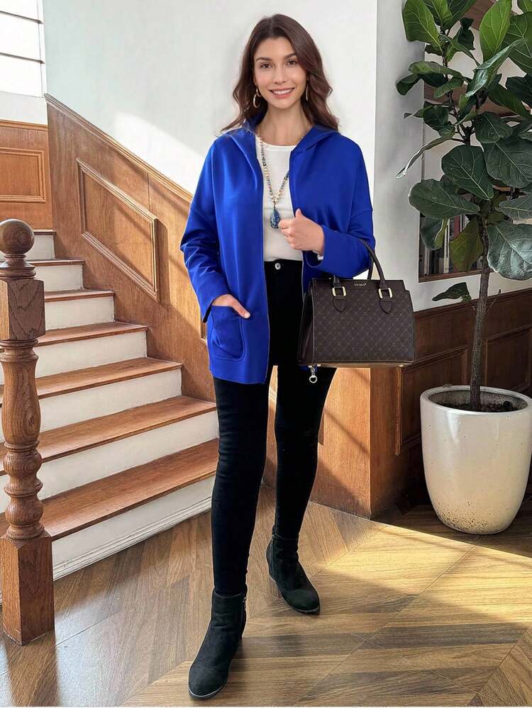 Chaqueta casual de manga larga regular con bolsillos y cremallera de color liso para mujer