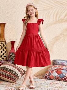 SHEIN Vestido texturizado para niñas preadolescentes con cuello cuadrado, decoración de lazo y mangas con volantes en la espalda abierta - Rojo - Ver 6