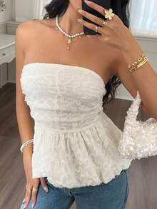 Serisse Women's Floral Ruched Hem Bandeau Crop Top Summer Casual - Beige - View 3