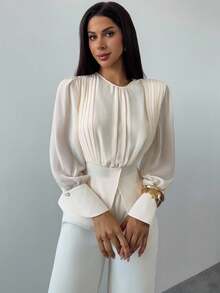 Firerie 女士优雅秋冬百搭办公室通勤商务休闲纯色浪漫褶皱 A 字形圆领长袖褶皱设计优雅雪纺衬衫/褶皱上衣，教师工作/度假/商务休闲女士/教师/返校/教师/轻盈舒适工作/办公室女士 - 白色 - 查看 10