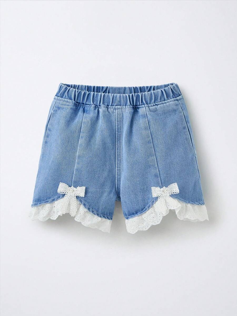 Maija Kids Maija Kids 少女蕾丝蝴蝶结装饰牛仔短裤 - 淺色水洗藍 - 查看 1