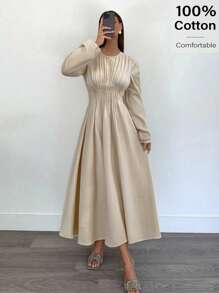 Siren Gaze 秋季女装 2025 新款米色褶皱圆领中长连衣裙，女士休闲棉质长袖连衣裙，舒适透气商务休闲装，适合工作、日常通勤、教师，秋季必备，适合办公室、日常、约会、外出、万圣节和返校准备 - 杏色 - 查看 1