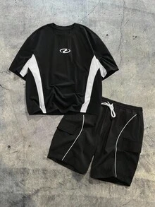 EASEVO 2pcs/Set Contrast Color Plus Size Men T-Shirt And Shorts Set