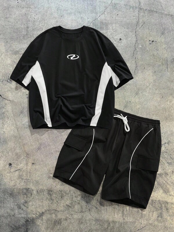 EASEVO 2pcs/Set Contrast Color Plus Size Men T-Shirt And Shorts Set