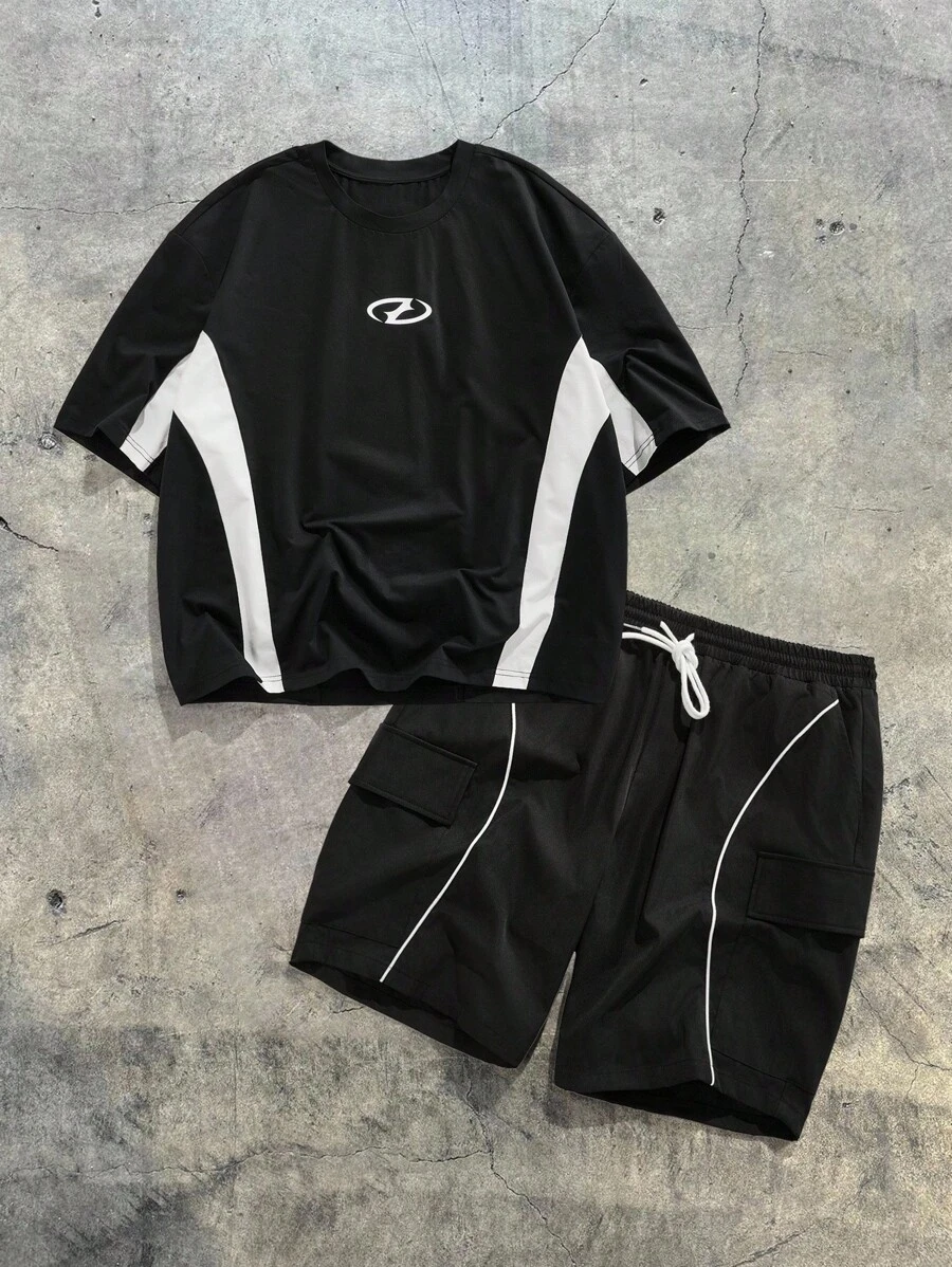 EASEVO 2pcs/Set Contrast Color Plus Size Men T-Shirt And Shorts Set