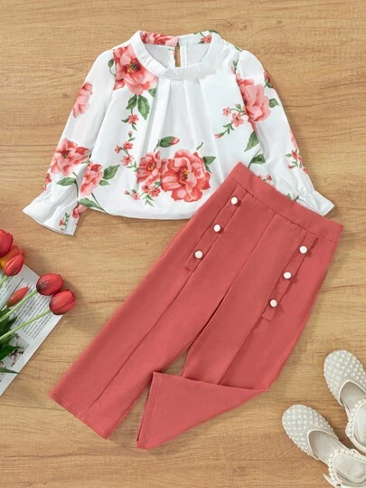 SHEIN Toddler Girls Floral Blouse With Double Breasted Trousers