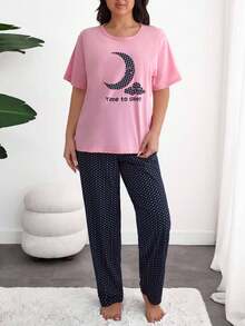 EURMUSE Cottonline 2pcs Plus Size Contrast Colour Moon Printed Short Sleeve Shirt And Star Printed Sleep Bottom PJ Set - Pink - View 5