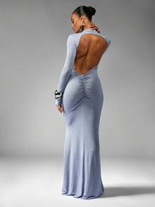 MISSGUIDED Elegant Long Sleeve Backless Floor Length Evening Gown High Neck Winter Fall Formal Dress Wedding Guest Special Occasion Full Length Empire Slim Fit Dress