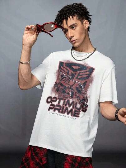 Transformers X SHEIN 男式字母与机器人图案白色圆领短袖T恤，2000年代风格