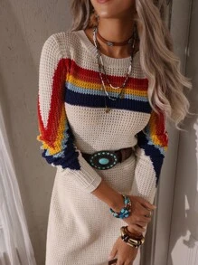 LanaWest Women's Classic Round Neck Rainbow Ombre Striped Retro Fitted Knit Sweater Dress, Autumn/Winter Fall Cloth For Women - Beige - View 6