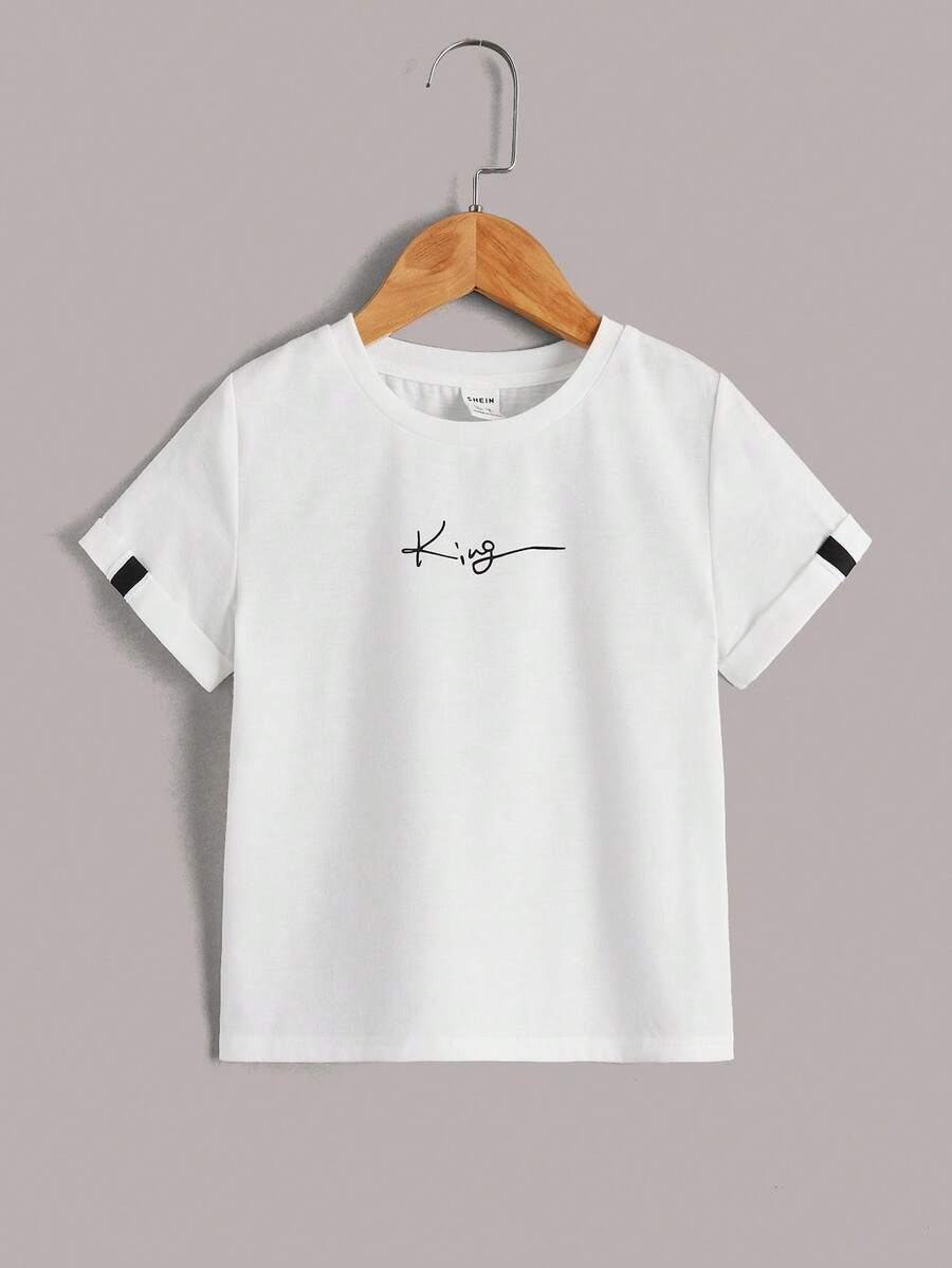 Young Boy Round Neck Casual Turnover Letter Print Short Sleeve T-Shirt - White - View 1