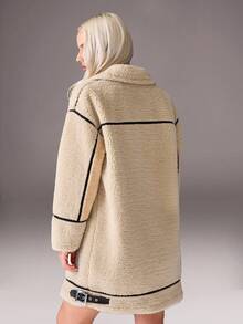 CasuGlow Manteau en fausse pour femmes, fermeture éclair à l'avant, col avec boucle, passepoil contrasté, veste oversize en peluche, fermeture éclair, garniture , coupe longue, manteau  de mouton, col montant, ourlet réglable, coupe confortable, manteaux, vêtements d'hiver, vestes - Beige - Voir 6