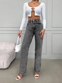 RueChic 100%Cotton Women's Casual Straight Leg Jeans With Slit Hem - Grey - View 5