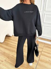 SHEIN PETITE SLEEVE CUT DETAIL SLOGANED SWEATSHIRT AND WIDE LEG PANTS - Black - View 3