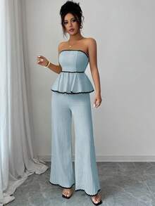 Elenzga Casual Fitted Ruffle Hem Bandeau Top And Wide Leg Pants Set - Blue - View 6