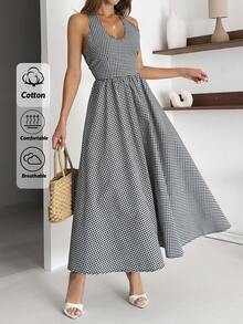 EURMUSE Gingham Dress With Halter Neck Detail - Black - View 1