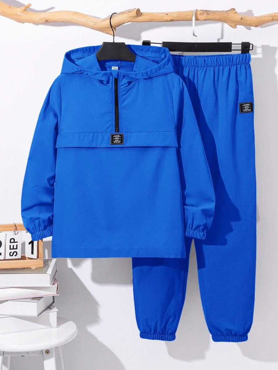 SHEIN 青少年男孩连帽长袖夹克和松紧腰裤套装 - 寶藍色 - 查看 1