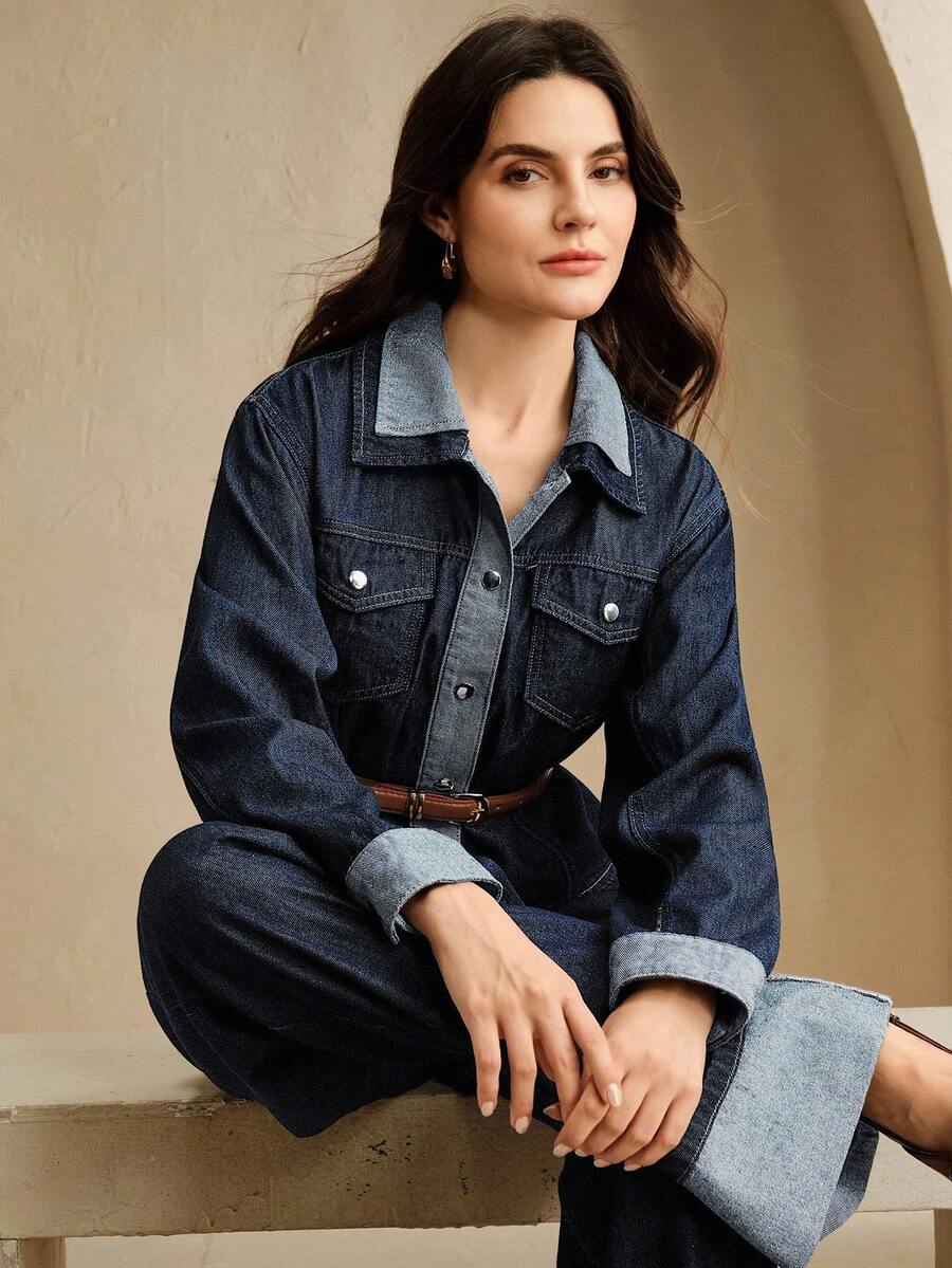 Anewsta 女式蓝色美式拼布修身牛仔裤 - 藍色 - 查看 1