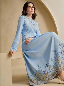Anewsta Women's Elegant Round Neck Long Sleeve Printed Dress, Minimalist Design - Baby Blue - View 3