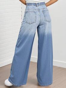 青少年女孩 Y2K 风格水洗牛仔阔腿牛仔裤，休闲松紧腰宽松日常时尚裤，适合青少年女孩 - 中等水洗藍 - 查看 6