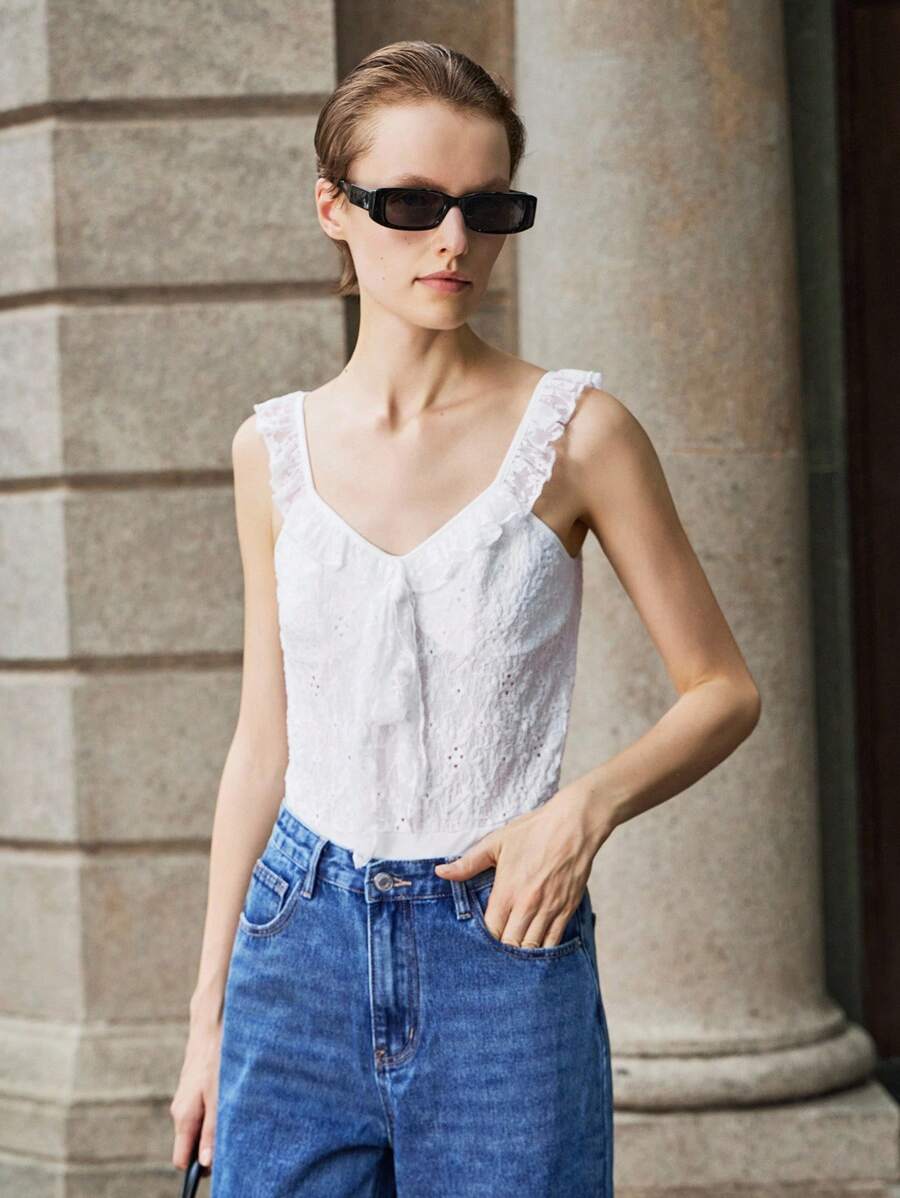 SHEIN LUNE Knitted Jacquard Embroidered Fabric Ruffle Hem Sleeveless ...