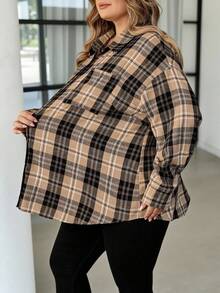 SHEIN CURVE+ 加大码返校格子印花贴袋休闲长袖纽扣法兰绒衬衫，教师衬衫女士秋季服装，冬季，CURVE PLUS - 彩色 - 查看 3