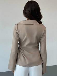 Aloruh Women's Elegant Khaki Long Sleeve Lapel Neck Blouse,Autumn Office Business Casual Shirt With Pleated Asymmetric Hem For And Commuting Tops - Khaki - View 7