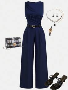Girlism Teen Girls Bodysuits & Jumpsuits Navy Pleated Wide Leg Loose Jumpsuit With Belt, Casual Style,/Fall,Winter/Y2k,Halloween/Back To School Outfits/First Day Of School Outfit/Halloween,Glowmode,Fall,Winter,Autumn - Navy Blue - View 1