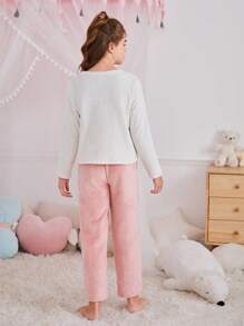 SHEIN 青少年女孩秋冬甜美简约蝴蝶结刺绣圆领套头长袖上衣和柔软法兰绒睡裤 2 件套家居服套装，兄弟姐妹装（2 件单独出售） - 淺粉色 - 查看 2