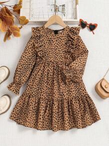 SHEIN Serisse Kids Tween Girl 夏季/秋季满身印花荷叶边饰荷叶边袖连衣裙，非常适合夏季和秋季休闲和日常穿着以及学校日常穿着，妈妈和女儿和姐妹搭配 - 卡其色 - 查看 2