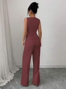 Elenzga 女士优雅无袖西装背心和裤子套装，商务/通勤风格，夏季 - 紅木色 - 查看 2