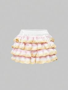 ROMWE Kawaii 可爱又可爱的蛋糕风格多层荷叶边下摆彩虹渐变针织女式短裤裙 - 粉色 - 查看 1