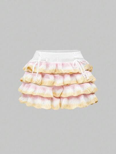 ROMWE Spring / Summer Cute & Kawaii Cake Style Layered Ruffle Hem Rainbow Gradient Knit Women Shorts Skirt