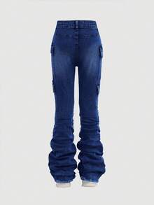 SHEIN Girlism Tween Girls Y2K Stonewashed Flared Jeans With Pleats And Flap Pocket Stacked Jeans With Cargo Pockets Fall Winter
